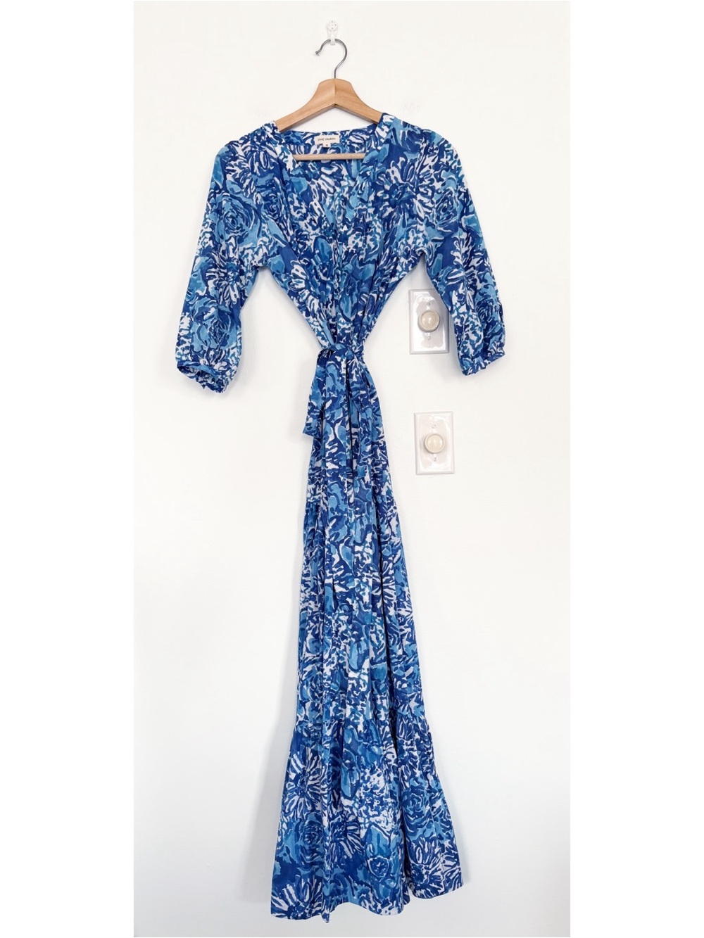 Jane Valken || Block Print‎ Belted Maxi Dress Cotton Floral Blue Small
